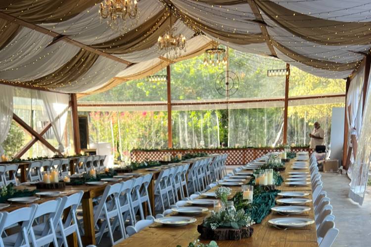 Blank canvas wedding pavilion with long reception tables at The Linton in NSW