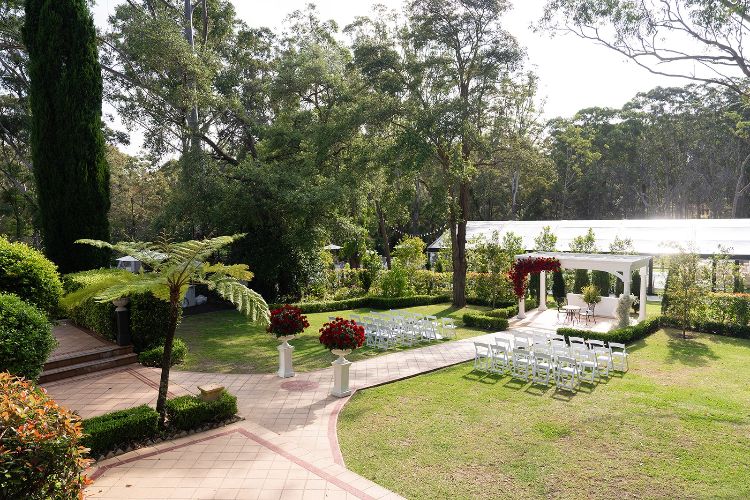 Wedding ceremony garden and outdoor reception pavilion at Springfield House