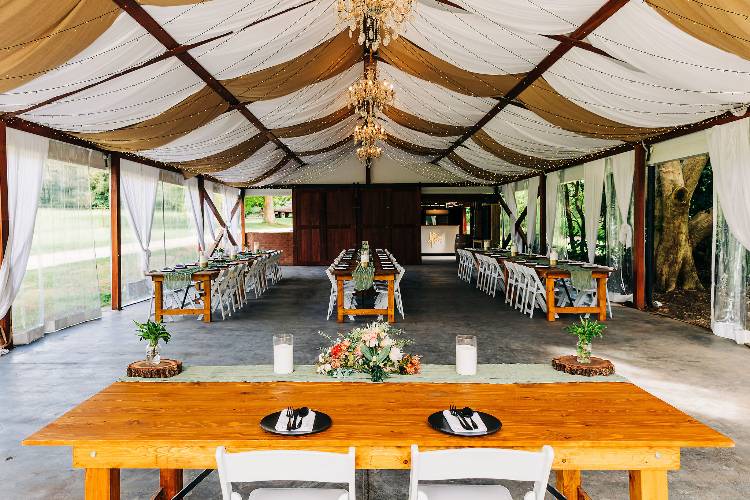 Rustic reception pavilion at country garden venue The Linton