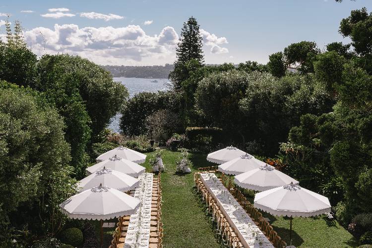 Garden wedding reception at Lindesay House in Sydney overlooking water
