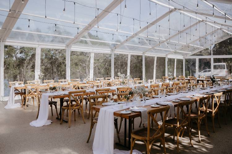 Luxury wedding destination with a glass marquee reception venue in Bawley Point