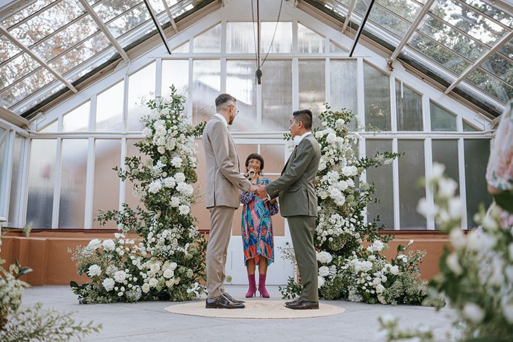 Two grooms getting married with Megumi Carver at Palm House Sydney