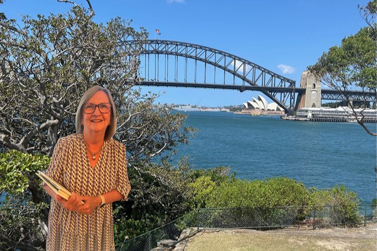 Vow reaffirmation celebrant Margaret Janz on Sydney Harbour