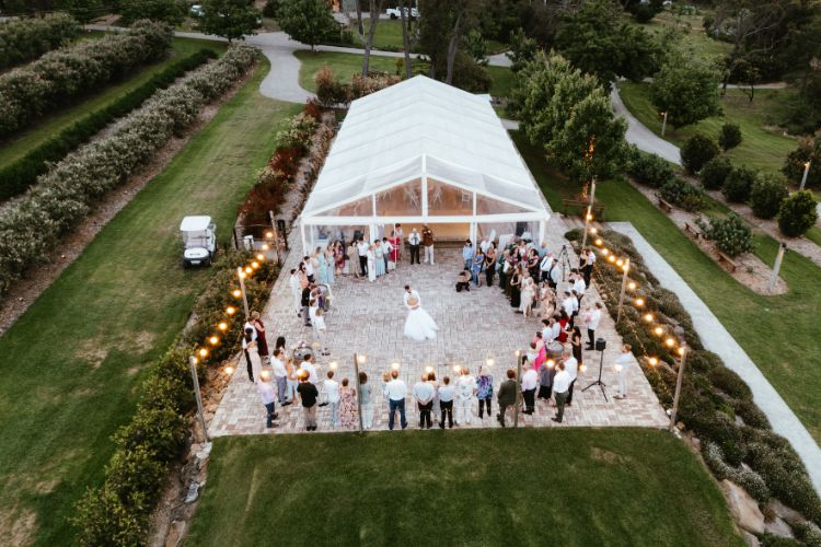 Wedding reception marquee on wildflower farm property in the Southern Highlands