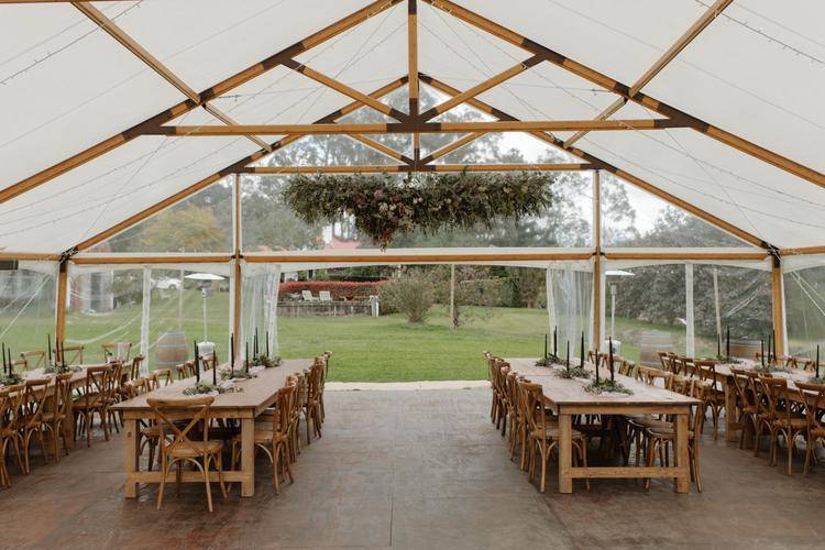 Permanent marquee wedding reception at Berry Hill set up for styled celebration